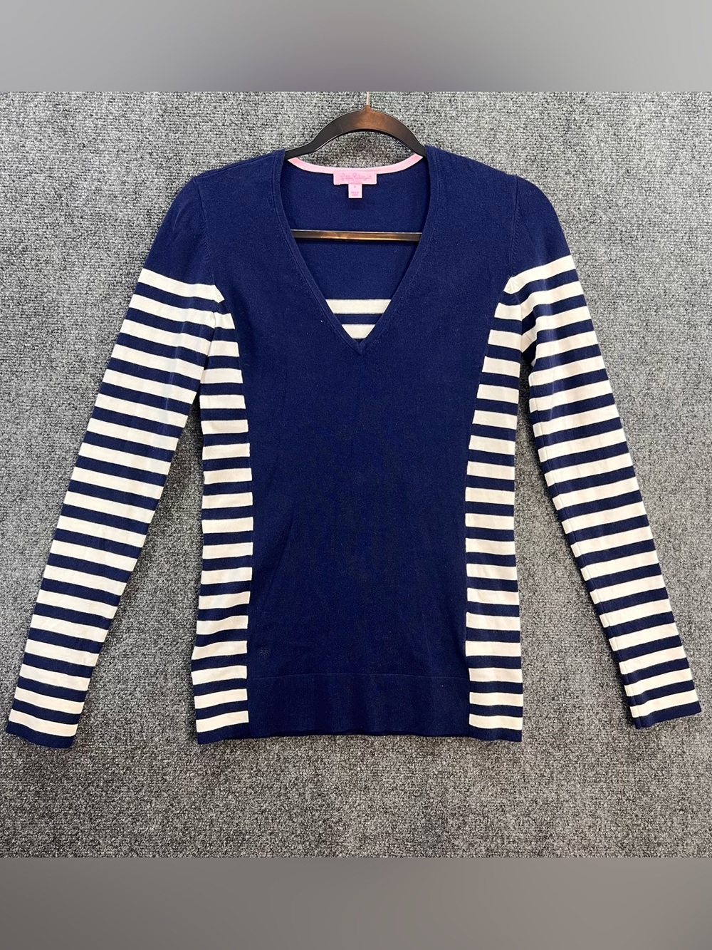 Lilly Pulitzer Sweater S Navy White Striped V-Neck Cotton Blend Preppy Nautical
